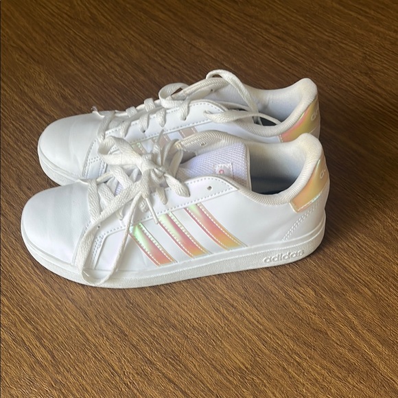 Adidas White Shoes with Rainbow Stripes - Picture 1 of 5